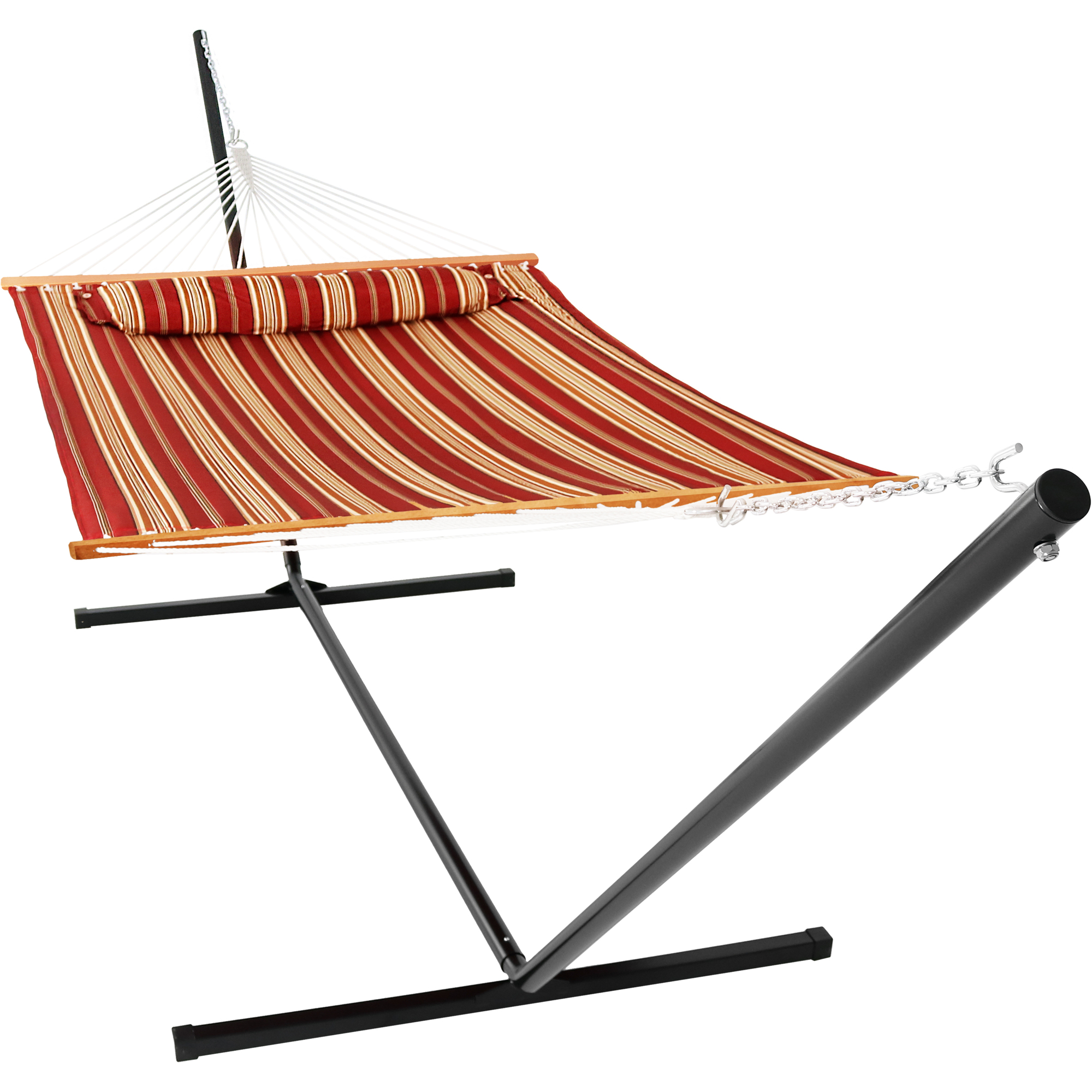 Sunnydaze Decor, Quilted Spreader Bar Hammock with Stand - Stripe, Color Red, Capacity 400 lb, Material Polyester, Model# LY-QFH-RD-COMBO15